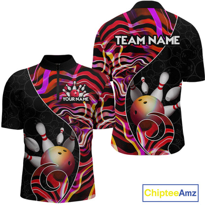 Custom Red Neon Wave Bowling Team Shirts, Strike Bowling Shirts For Men Bowling Jersey HNT465