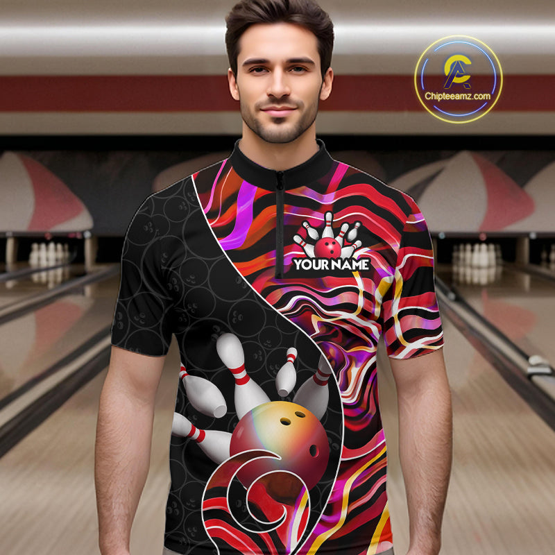 Custom Red Neon Wave Bowling Team Shirts, Strike Bowling Shirts For Men Bowling Jersey HNT465