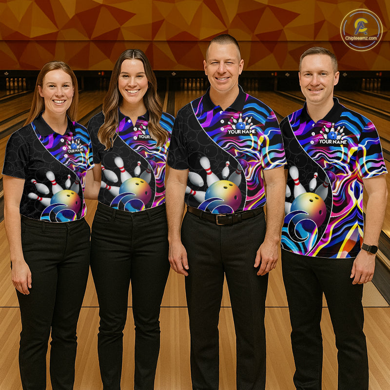 Custom Blue Neon Wave Bowling Team Shirts, Strike Bowling Shirts For Women Bowling Jersey HNT465
