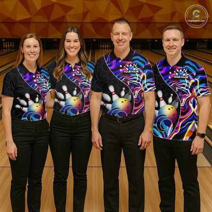 Custom Blue Neon Wave Bowling Team Shirts, Strike Bowling Shirts For Women Bowling Jersey HNT465