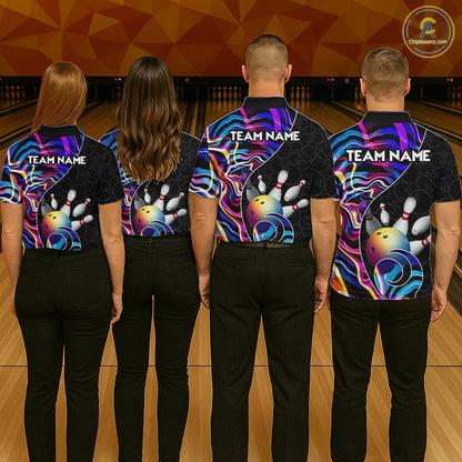 Custom Blue Neon Wave Bowling Team Shirts, Strike Bowling Shirts For Men Bowling Jersey HNT465