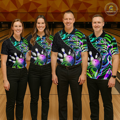 Custom Green Neon Wave Bowling Team Shirts, Strike Bowling Shirts For Women Bowling Jersey HNT465