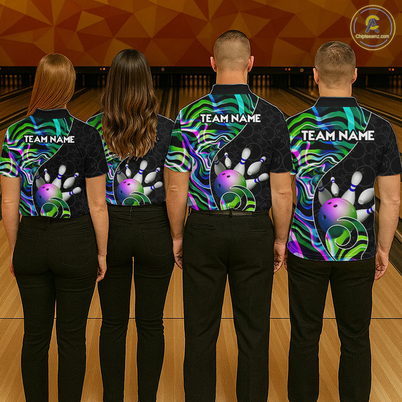 Custom Green Neon Wave Bowling Team Shirts, Strike Bowling Shirts For Women Bowling Jersey HNT465