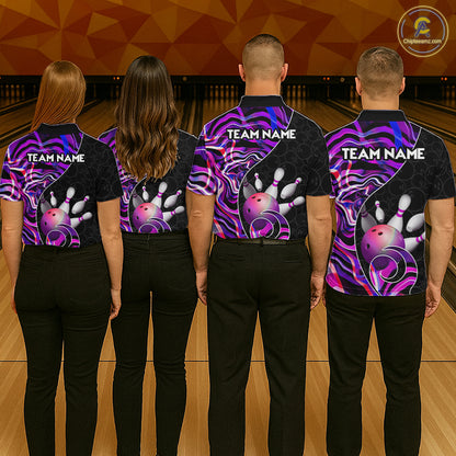 Custom Purple Neon Wave Bowling Team Shirts, Strike Bowling Shirts For Women Bowling Jersey HNT465