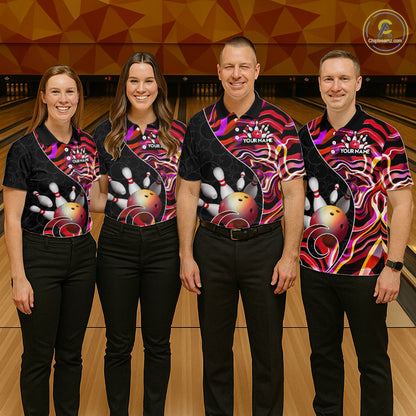 Custom Red Neon Wave Bowling Team Shirts, Strike Bowling Shirts For Women Bowling Jersey HNT465