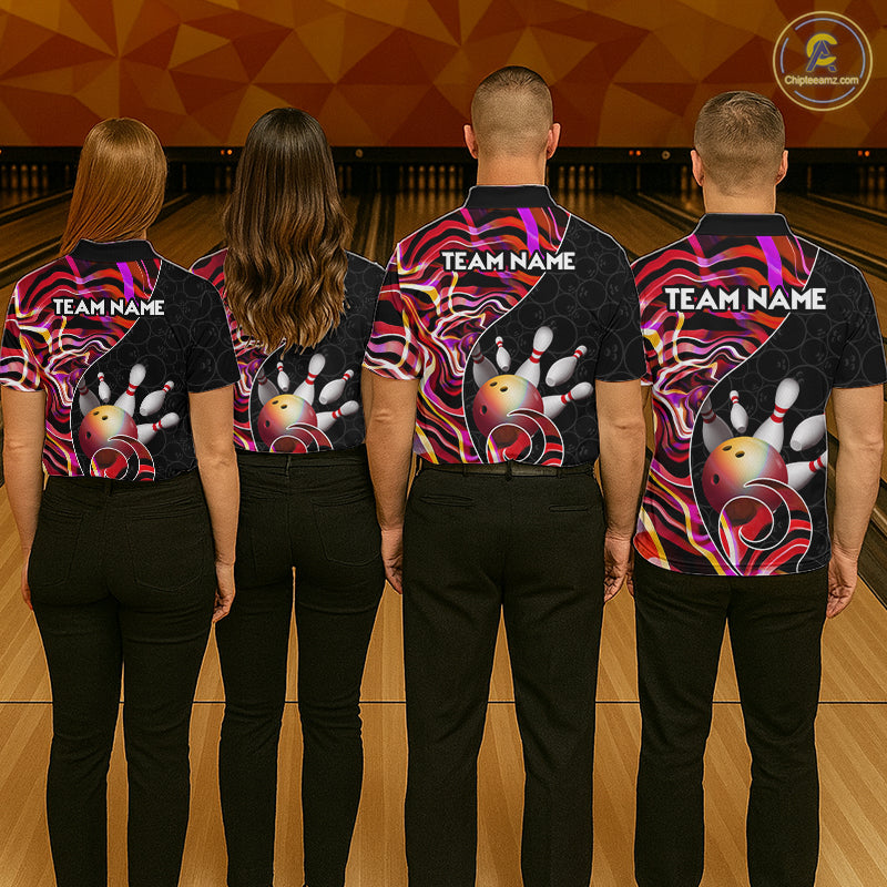 Custom Red Neon Wave Bowling Team Shirts, Strike Bowling Shirts For Men Bowling Jersey HNT465