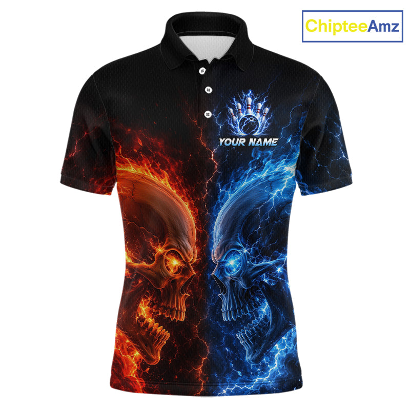 Custom fire lightning skull bowling jersey for men, personalized team bowling polo shirt front view