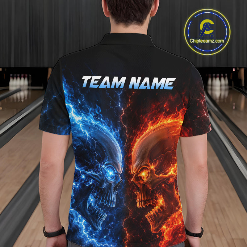 Men’s fire lightning skull bowling polo shirt, back view on male model in bowling lane 