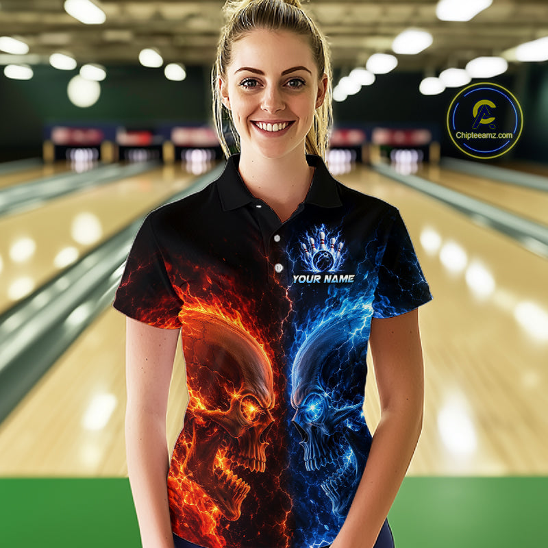 Women’s fire lightning skull bowling polo shirt, front view on female model in bowling lane 