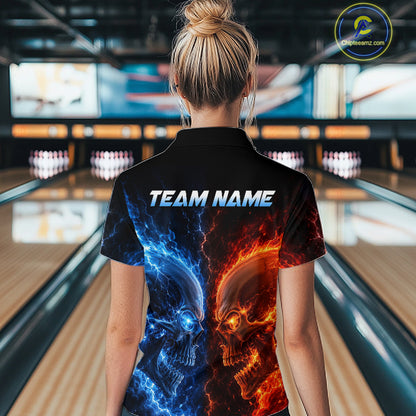 Women’s fire lightning skull bowling polo shirt, back view on female model in bowling lane 