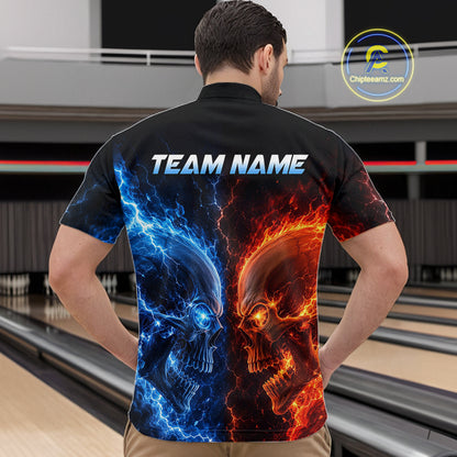 Men’s fire lightning skull bowling quarter zip shirt, back view on male model in bowling lane 