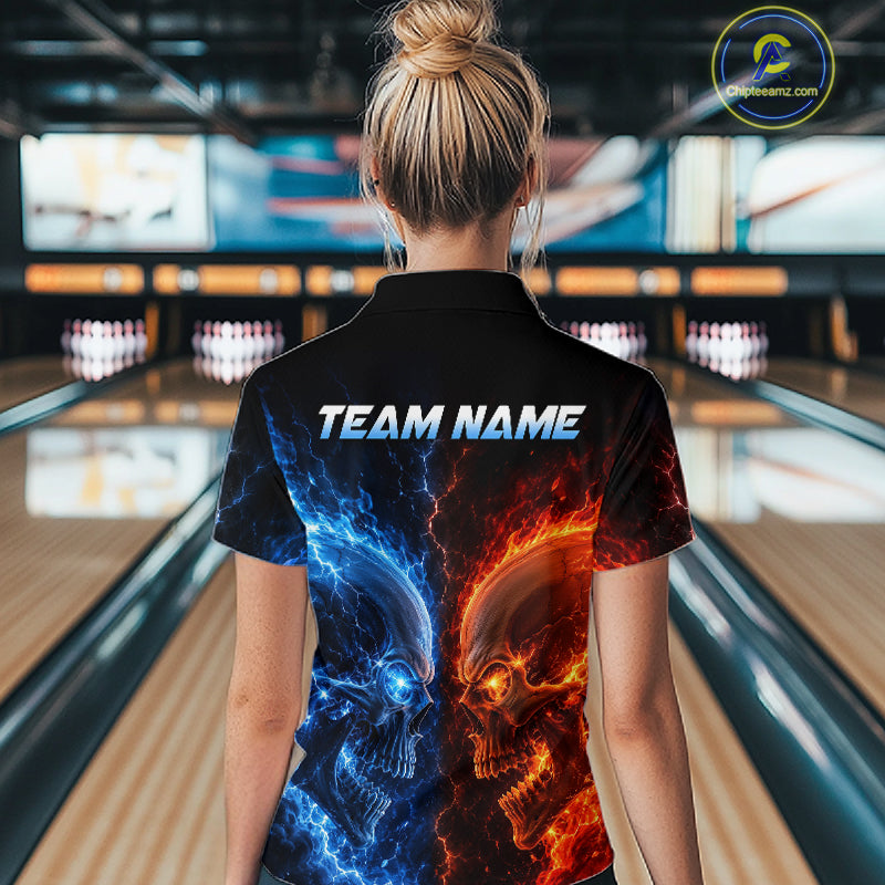 Women’s fire lightning skull bowling quarter zip shirt, back view on female model in bowling lane 
