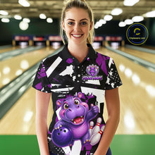 Load image into Gallery viewer, Woman wearing of a black, white, and purple bowling polo shirt featuring a cheerful purple hippo holding a bowling ball, with custom player name text.