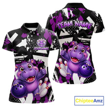 Load image into Gallery viewer, Front and back views of a black, white, and purple bowling polo shirt featuring a cheerful purple hippo holding a bowling ball, with custom team and player name text.