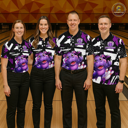 Four-person bowling team wearing bowling polo shirt featuring a cheerful purple hippo holding a bowling ball