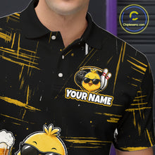Load image into Gallery viewer, Man wearing a black bowling polo featuring a sunglasses-wearing yellow chick holding a bowling ball and beer, surrounded by smiling bowling pins, with personalized name text.