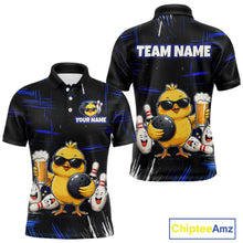 Load image into Gallery viewer, Front and back views of a black bowling polo featuring a sunglasses-wearing yellow chick holding a bowling ball and beer, surrounded by smiling bowling pins, with personalized name and team name text.