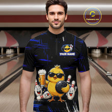 Load image into Gallery viewer, Man wearing a black bowling quarter zip featuring a sunglasses-wearing yellow chick holding a bowling ball and beer, surrounded by smiling bowling pins, with personalized name and team name text.