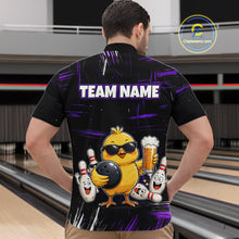 Load image into Gallery viewer, Man wearing black bowling quarter zip featuring a sunglasses-wearing yellow chick holding a bowling ball and beer, surrounded by smiling bowling pins, with personalized name and team name text.