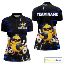 Load image into Gallery viewer, Front and back bowling quarter zip shirt featuring a chick holding a bowling ball surrounded by smiling pins and beer graphics on black yellow background.