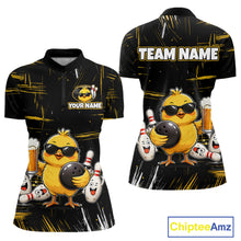 Load image into Gallery viewer, Front and back bowling quarter zip shirt featuring a chick holding a bowling ball surrounded by smiling pins and beer graphics on black yellow background.