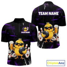 Load image into Gallery viewer, Front and back views of a black bowling quarter zip featuring a sunglasses-wearing yellow chick holding a bowling ball and beer, surrounded by smiling bowling pins, with personalized name and team name text.