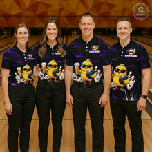 Load image into Gallery viewer, Four people wearing bowling polo shirt featuring a chick holding a bowling ball surrounded by smiling pins and beer graphics on black yellow background.