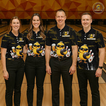 Load image into Gallery viewer, Four people wearing a black bowling polo featuring a sunglasses-wearing yellow chick holding a bowling ball and beer, surrounded by smiling bowling pins, with personalized name and team name text.