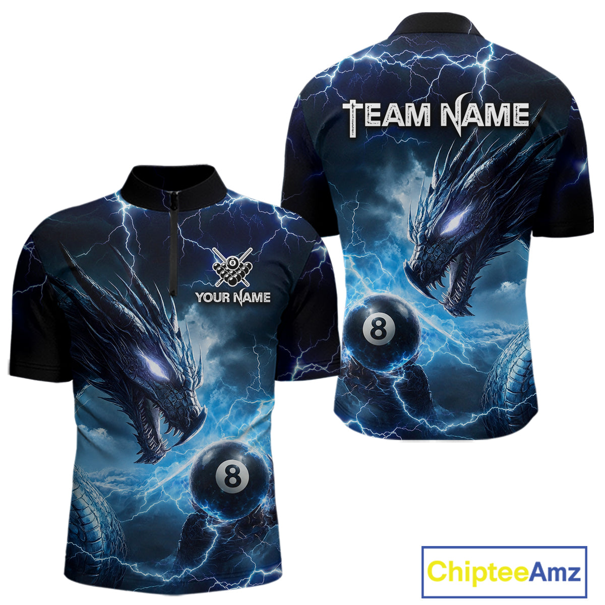 Custom Blue Lightning Dragon 8 Ball Billiard Shirts for Men Billiard Team Jerseys Billiard League NNT281