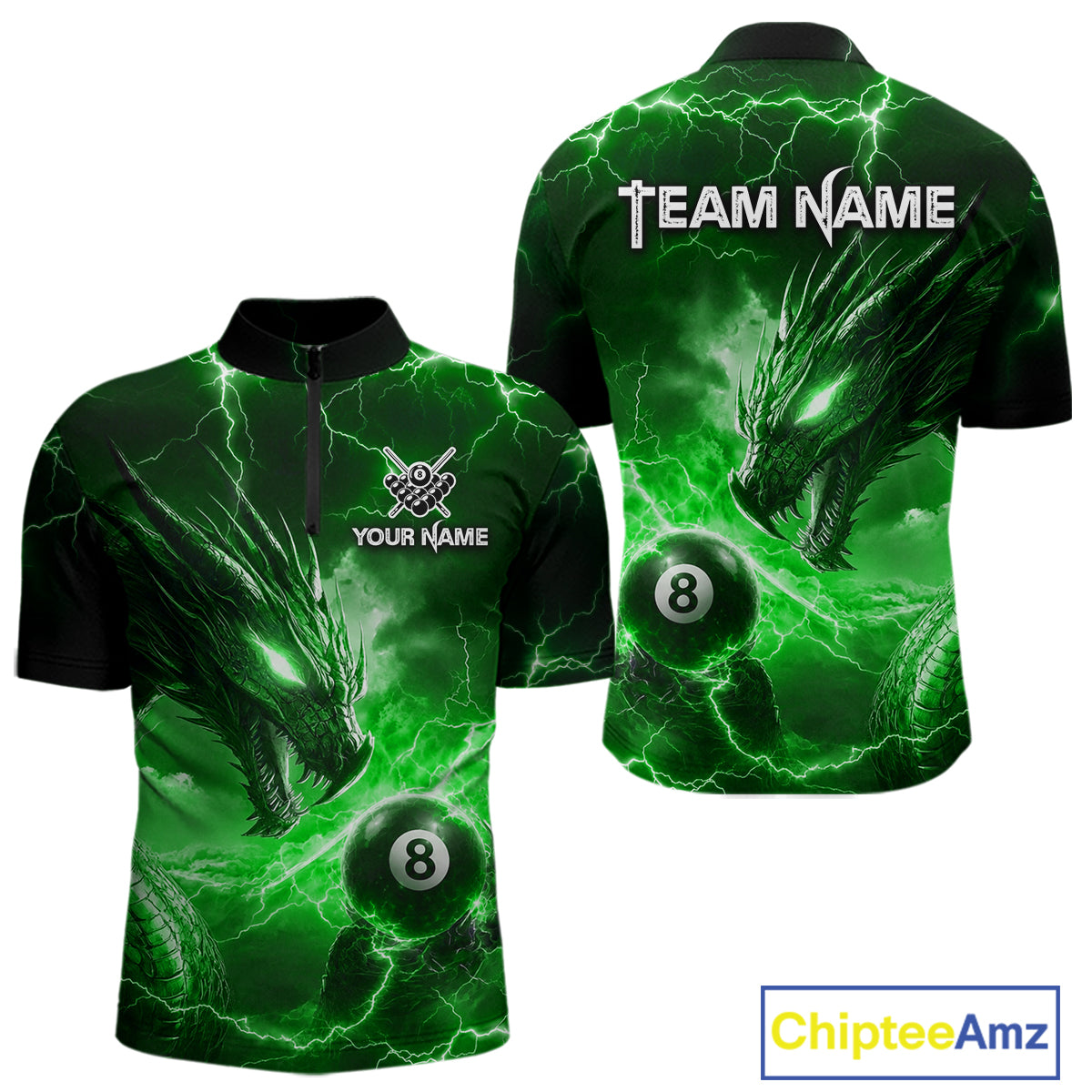 Custom Green Lightning Dragon 8 Ball Billiard Shirts for Men Billiard Team Jerseys Billiard League NNT281