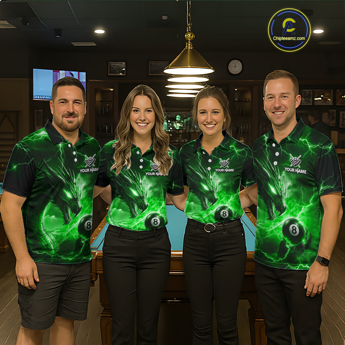 Custom Green Lightning Dragon 8 Ball Billiard Shirts for Men Billiard Team Jerseys Billiard League NNT281