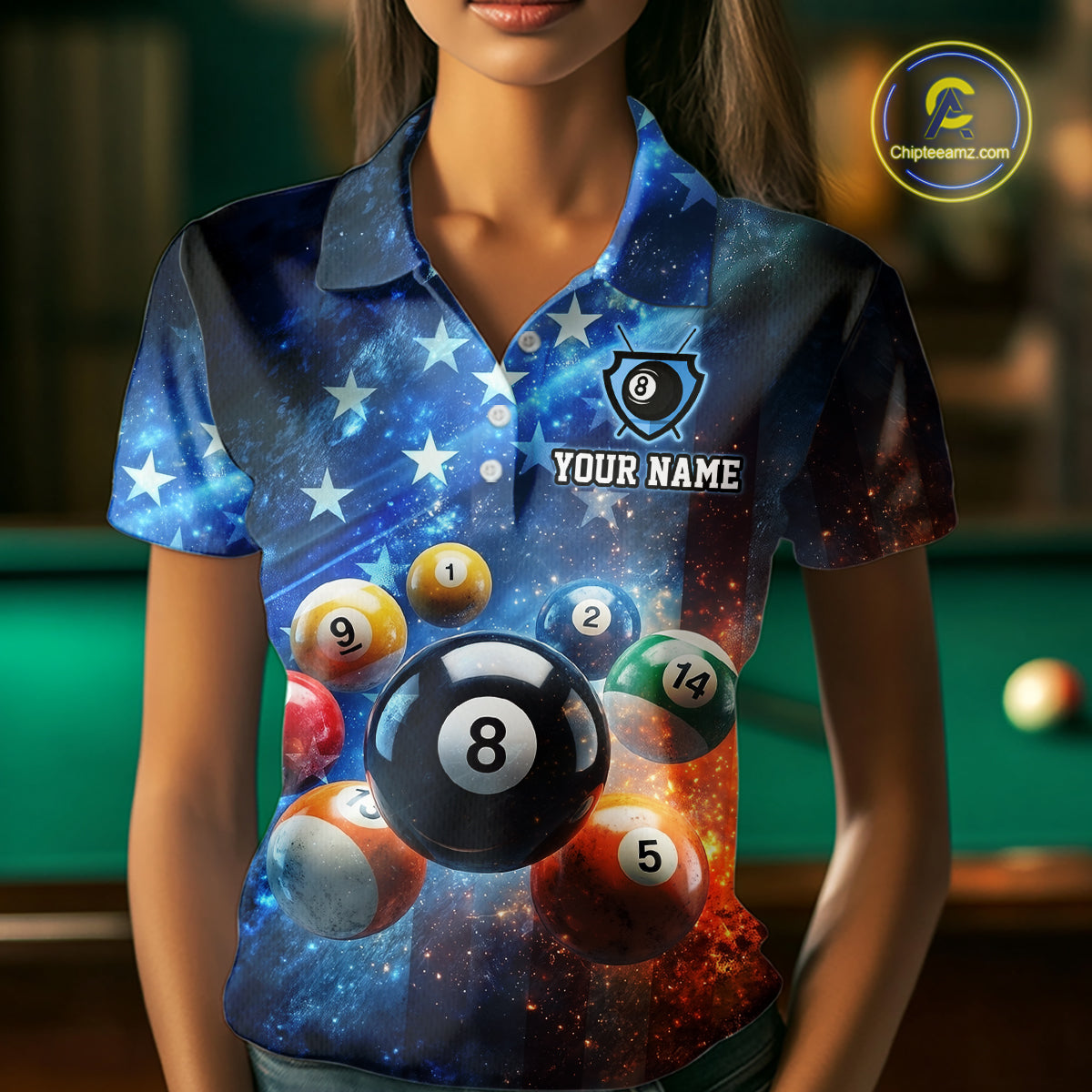Person wearing a custom pool ball shirt with a pool table in the background