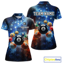 Load image into Gallery viewer, Two polo shirts with billiard ball design and customizable text on a white background