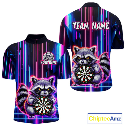 Front and back darts quarter zip shirt featuring a raccoon holding a dartboard framed by neon light effects on a black background.