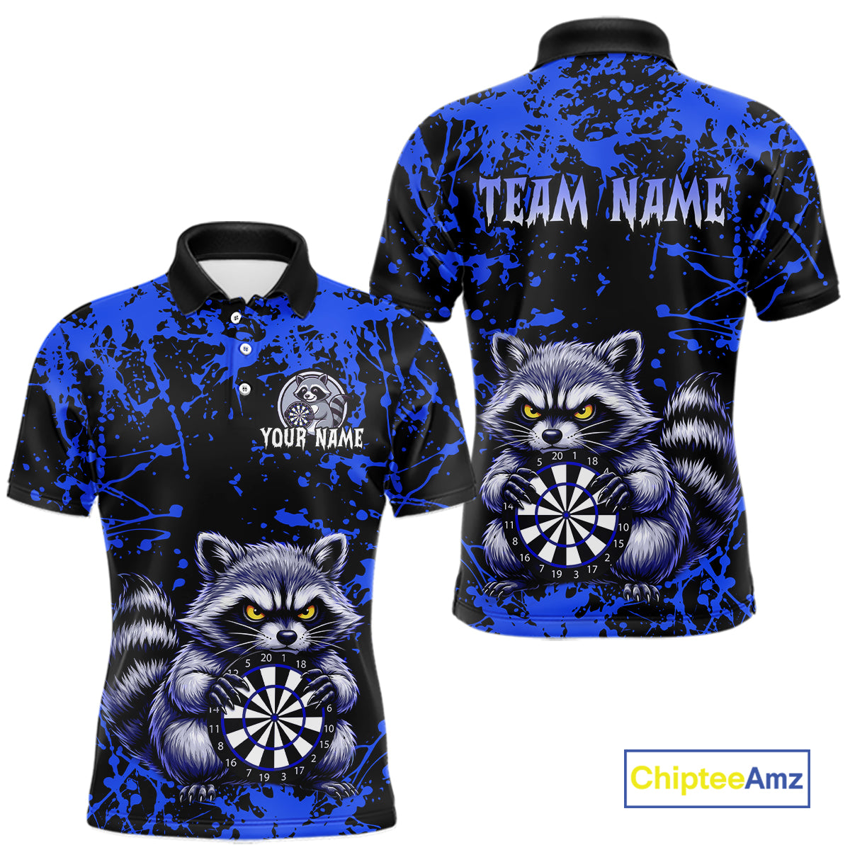 Polo shirt with raccoon design and customizable text on a blue and black background