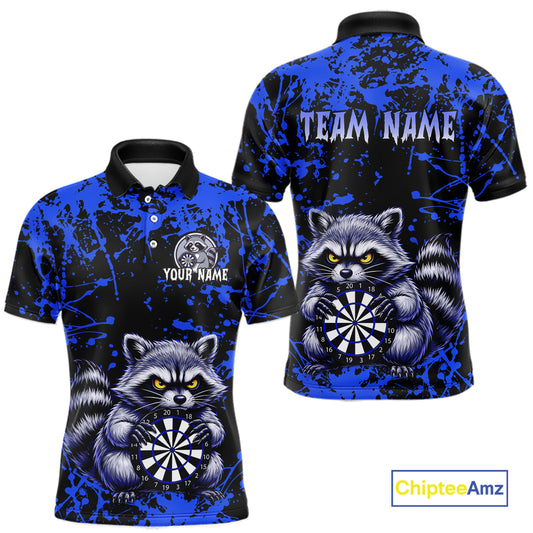Polo shirt with raccoon design and customizable text on a blue and black background