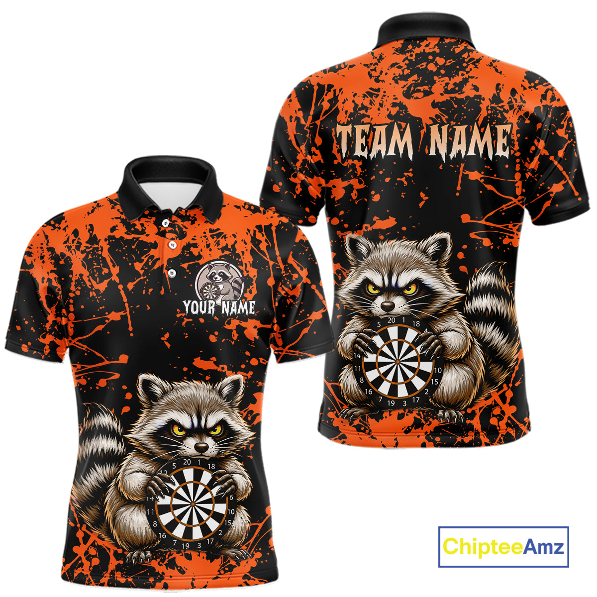 Custom Orange Raccoon Funny Dart Shirt Dart Team Jersey for Men Dartboard Polo & 1/4 Zip Shirts NNT170