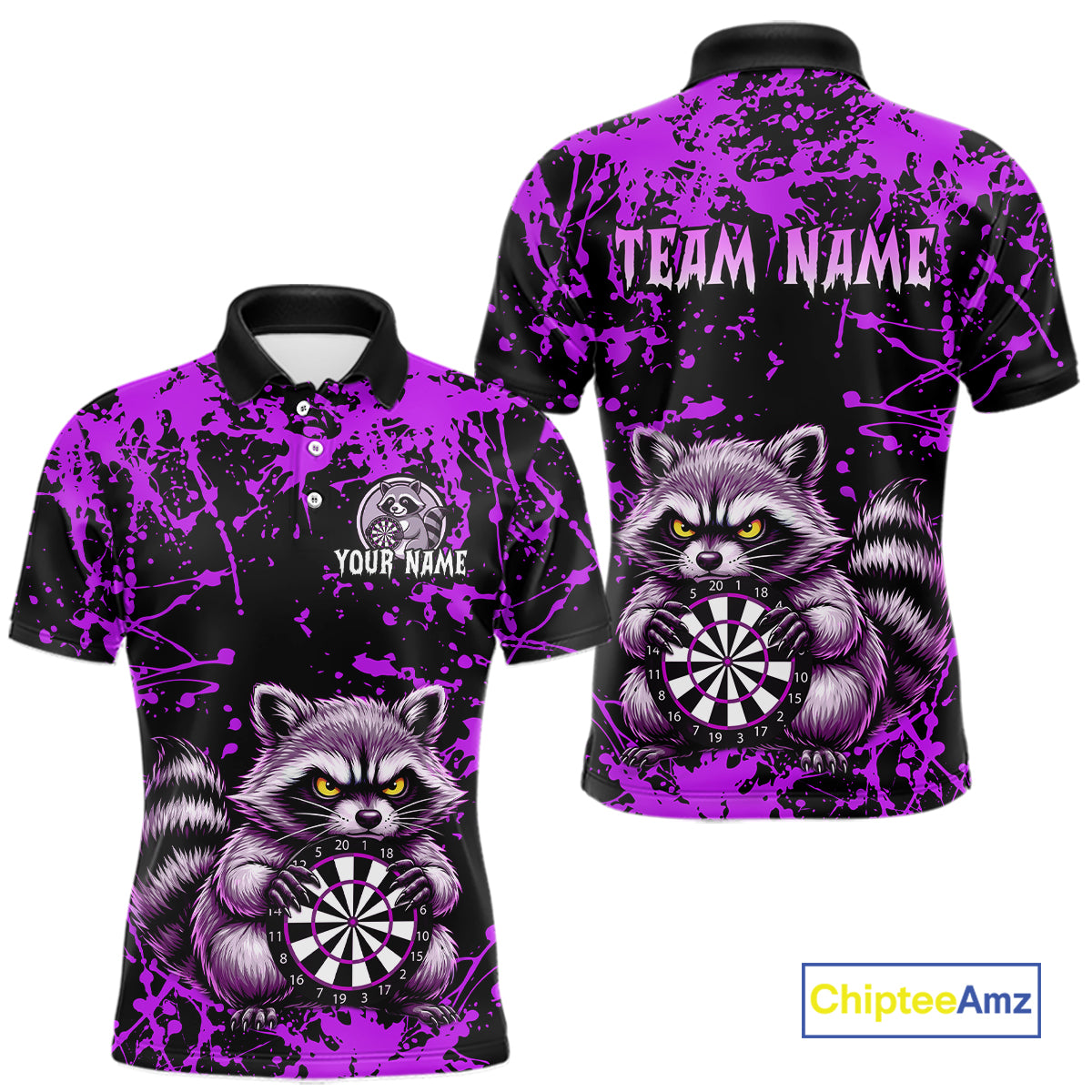 Custom Purple Raccoon Funny Dart Shirt Dart Team Jersey for Men Dartboard Polo & 1/4 Zip Shirts NNT170