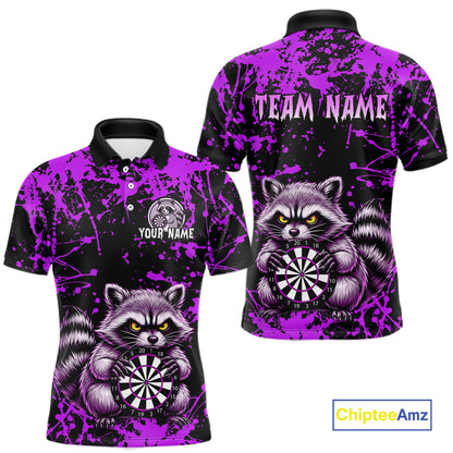 Custom Purple Raccoon Funny Dart Shirt Dart Team Jersey for Men Dartboard Polo & 1/4 Zip Shirts NNT170
