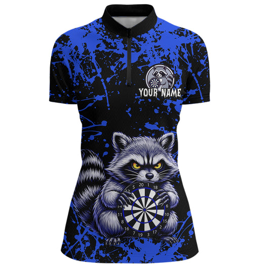 Custom Blue Raccoon Funny Dart Shirt Dart Team Jersey for Women Dartboard Polo & 1/4 Zip Shirts NNT170