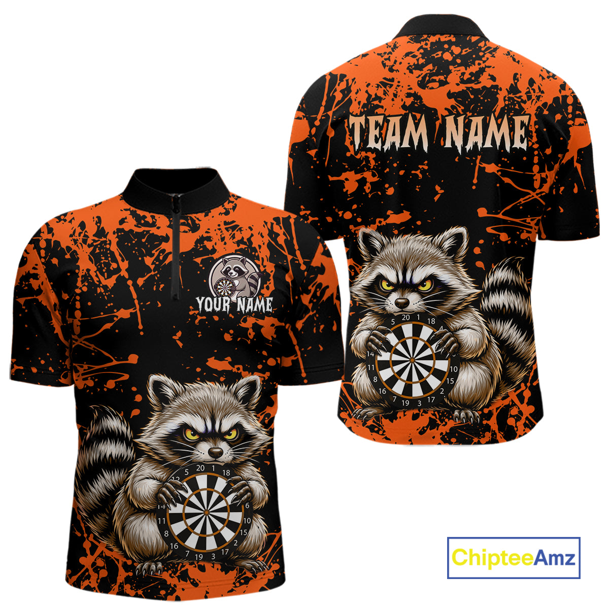 Custom Orange Raccoon Funny Dart Shirt Dart Team Jersey for Men Dartboard Polo & 1/4 Zip Shirts NNT170