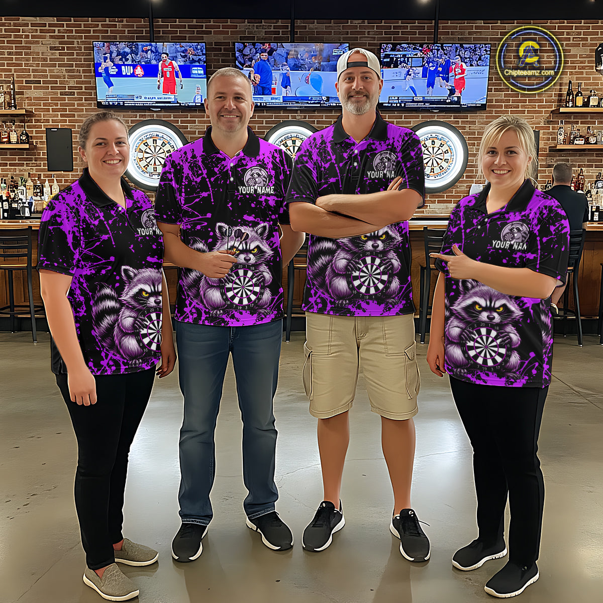 Custom Purple Raccoon Funny Dart Shirt Dart Team Jersey for Women Dartboard Polo & 1/4 Zip Shirts NNT170