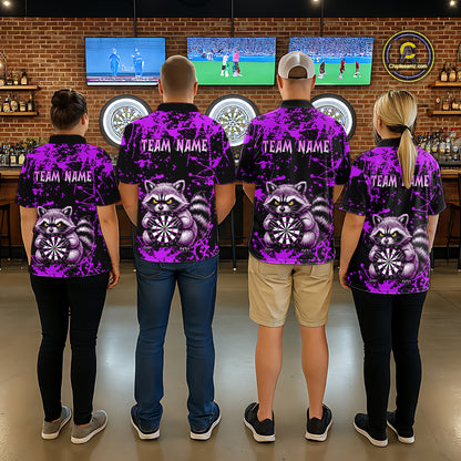 Custom Purple Raccoon Funny Dart Shirt Dart Team Jersey for Men Dartboard Polo & 1/4 Zip Shirts NNT170