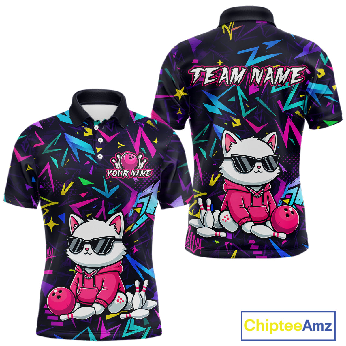 Front and back views of a black bowling polo with neon geometric patterns, custom team text, and a white cat mascot in sunglasses holding a pink bowling ball.