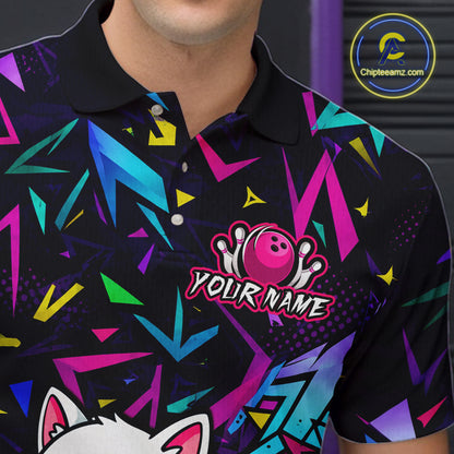 Colorful polo shirt with geometric pattern and bowling design, featuring 'Chipleemaz.com' logo.
