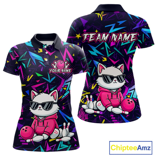 Front and back views of a black bowling polo with neon geometric patterns, custom team text, and a white cat mascot in sunglasses holding a pink bowling ball.