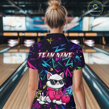 Load image into Gallery viewer, Woman wearing a black bowling polo with neon geometric patterns, custom team text, and a white cat mascot in sunglasses holding a pink bowling ball.