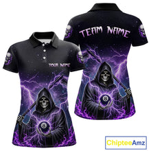 Load image into Gallery viewer, Front and back views of a black billiards polo with purple lightning, a hooded grim reaper holding an 8-ball, and custom team and player name text.