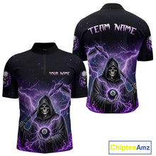 Load image into Gallery viewer, Front and back views of a black billiards  quarter zip with purple lightning, a hooded grim reaper holding an 8-ball, and custom team and player name text.