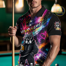 Load image into Gallery viewer, Men wearing personalized billiards polo shirt with a american bully dog holding a nine ball, integrated with colorful streaks and pool ball elements.